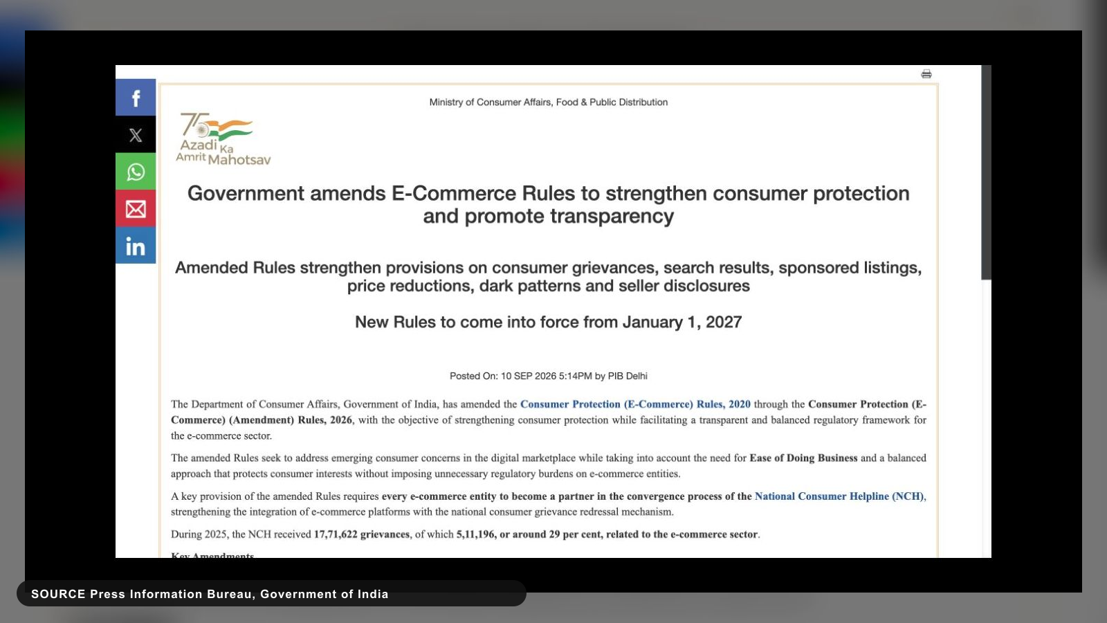 India Amends E-Commerce Rules: Search Results, Sponsored Listings, and Dark Patterns: official visual from Press Information Bureau, Government of India.